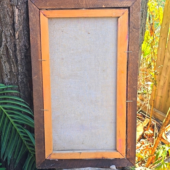 MCM 60s Vintage Owl painted on velvet 14" x 23" Rustic Wood Frame ART - Picture 4 of 8